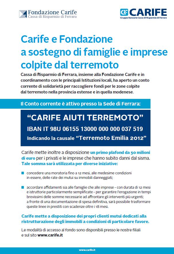 Foglio informativo CARIFE AIUTI TERREMOTO