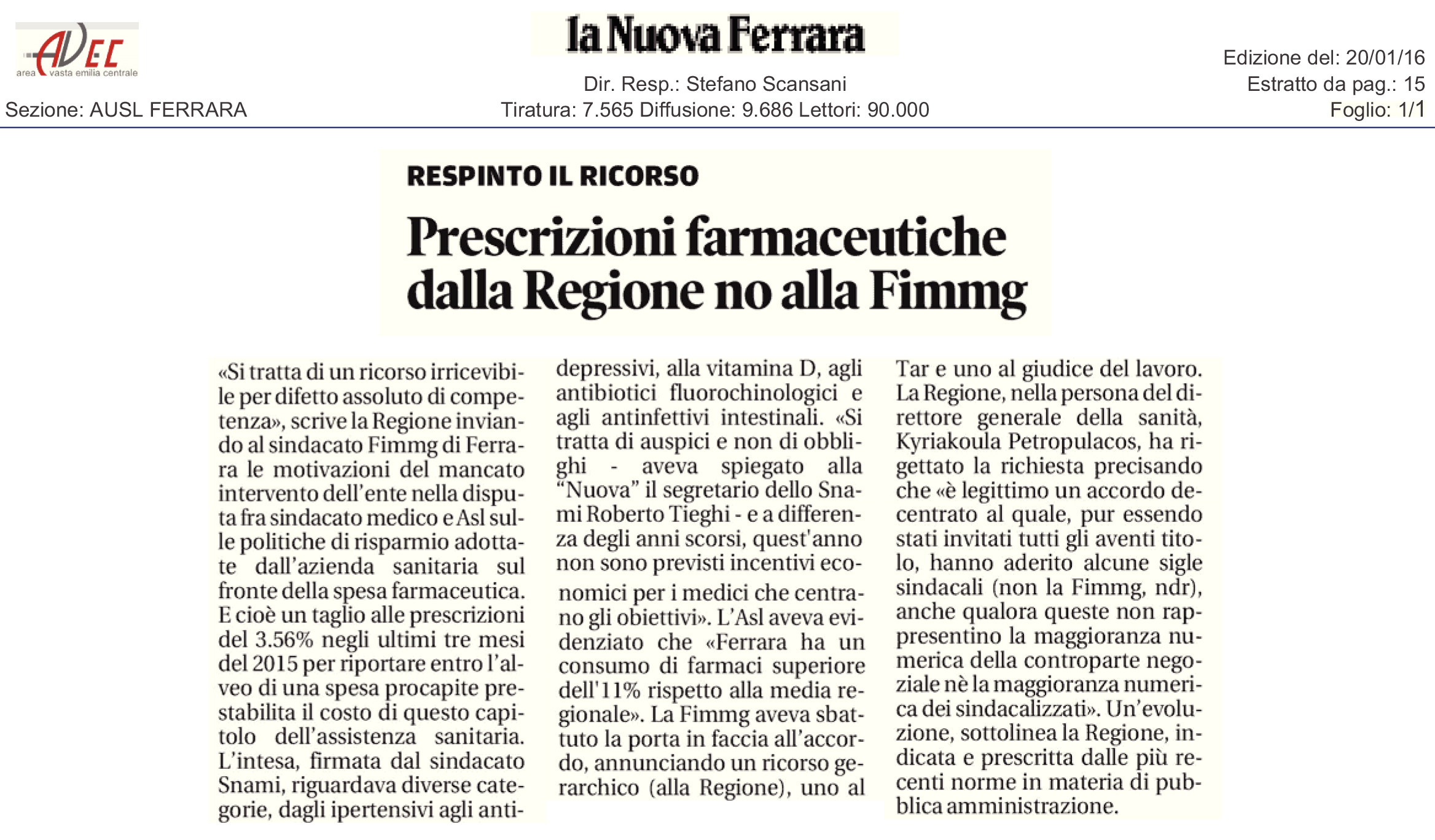 Prescrizioni farmaceutiche_ricorso irricevibile NUOVA FERRARA 20_01_16