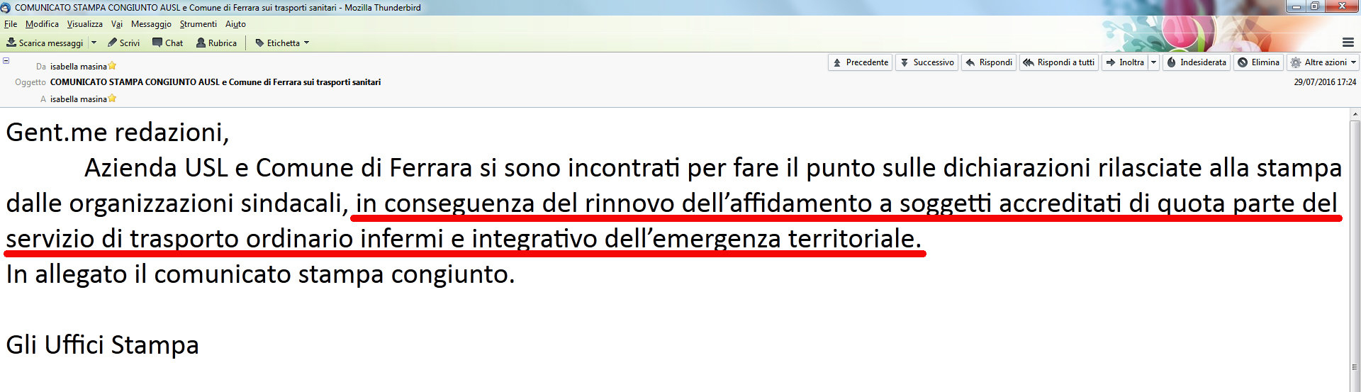 Mail invio comunicato congiunto AUSL e Comune di Ferrara 29_07_2016