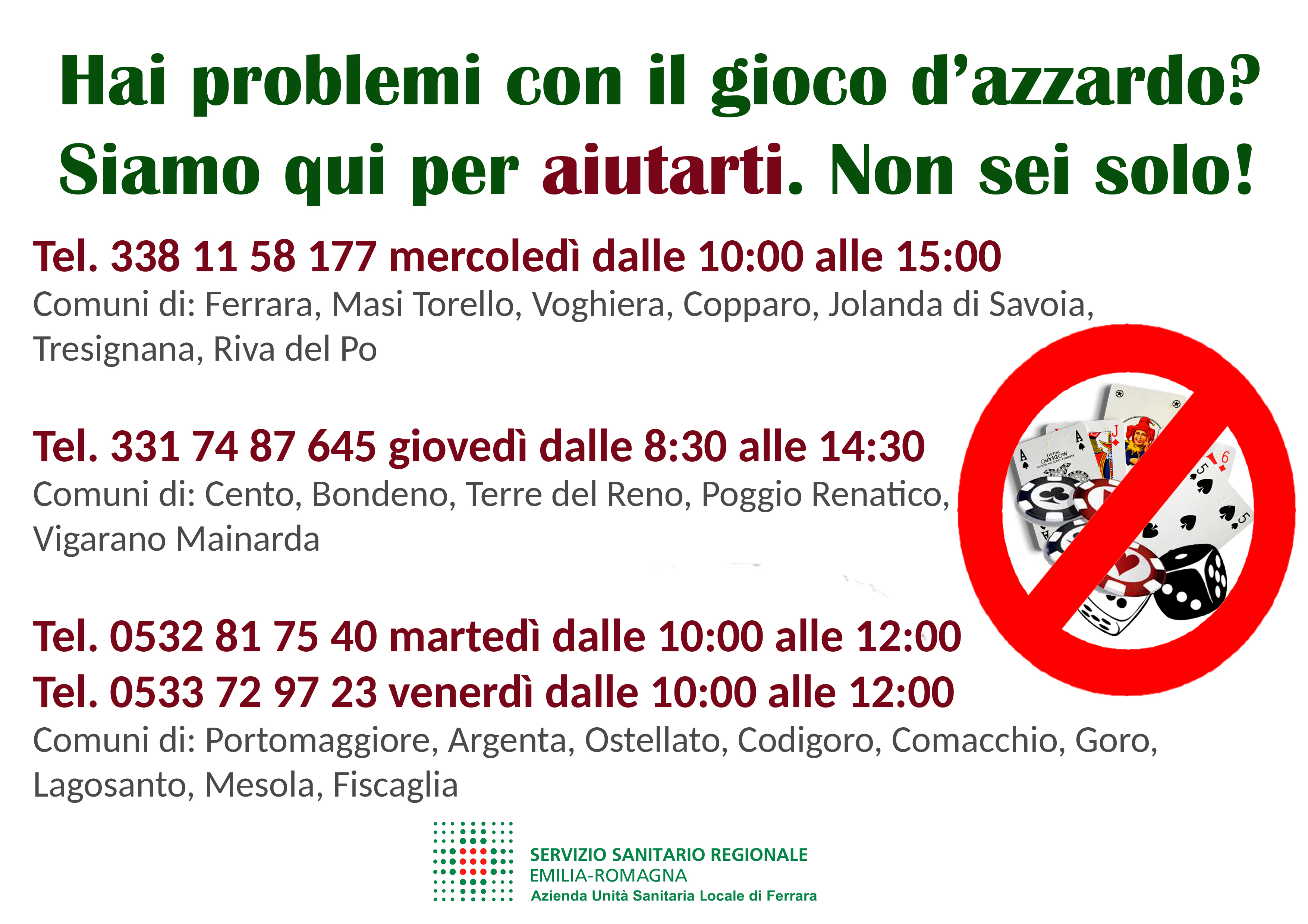 In provincia di Ferrara i punti informativi telefonici sul disturbo da gioco d’azzardo diventano “telematici”