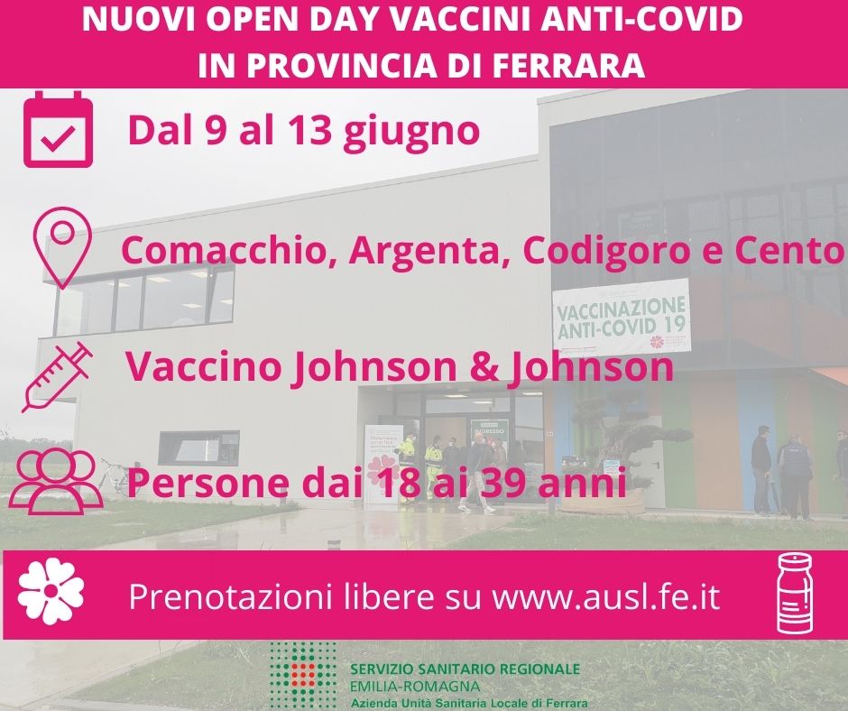 Aggiornamento Open day vaccinali dal 9 al 13 giugno a Comacchio, Argenta, Codigoro e Cento